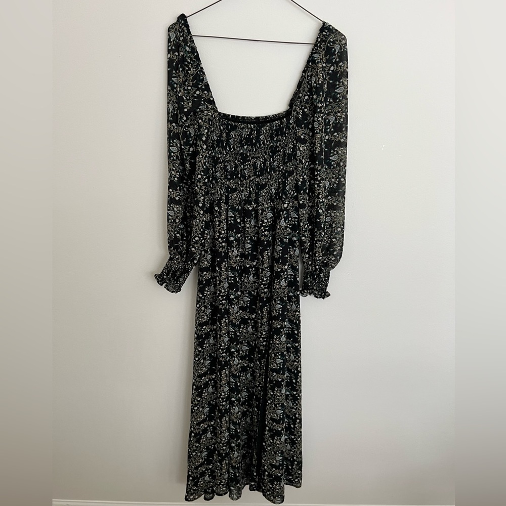Caara Floral print long sleeve midi dress with front slit size Small